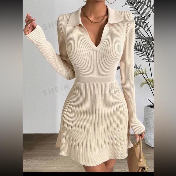 SHEIN Apricot Ribbed Knit Mini Sweater Dress size Medium - Picture 5 of 11